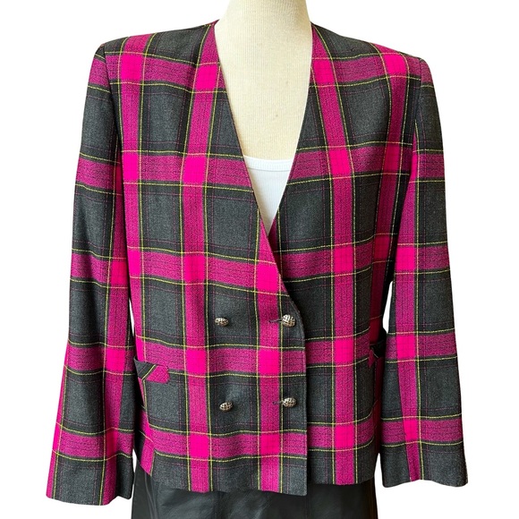 Vintage hot pink plaid jacket/blazer shoulder pads NWT vintage